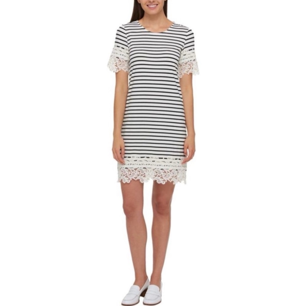 Tommy Hilfiger Black & Cream Stripe Lace Trim Dress Womens Size XL